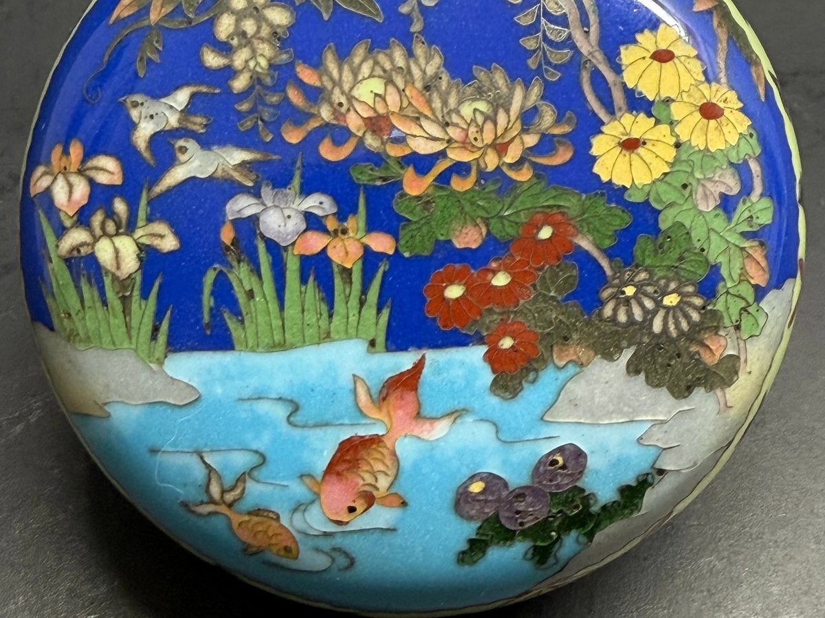 Japanese cloisonné globular box decorated with flowers, birds and goldfish